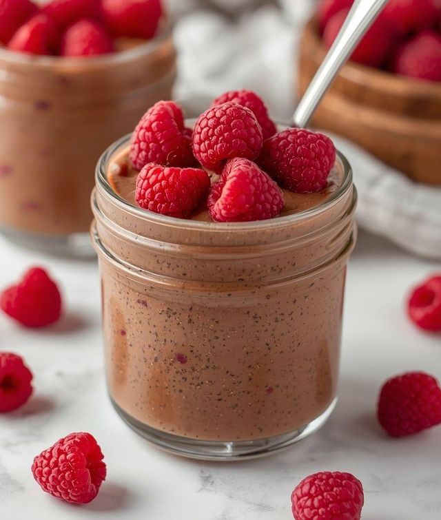 Kakao-Pudding mit Chia und Himbeeren