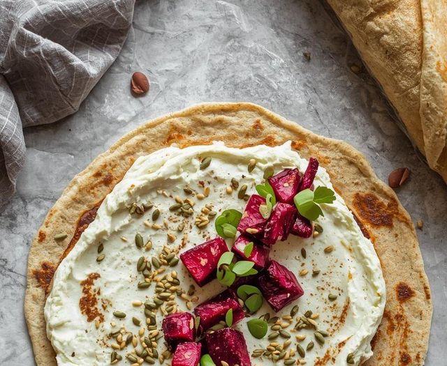 Tortilla mit Rote-Bete-Hüttenkäse