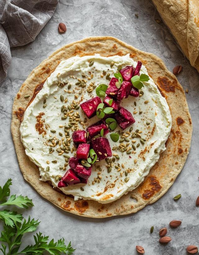 Tortilla with beetroot cottage cheese