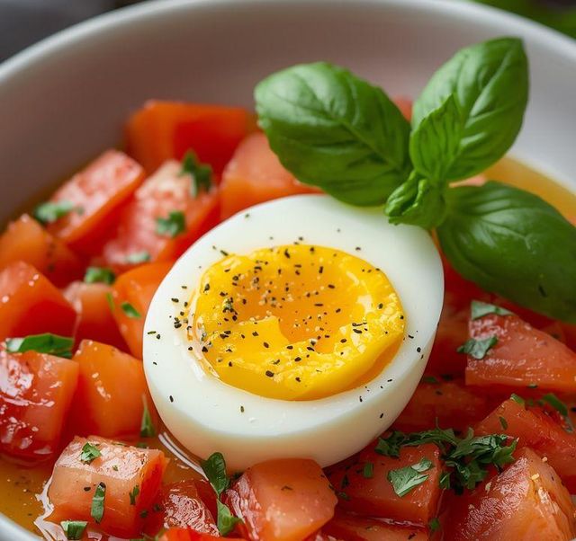 Soft-boiled egg with tomato salad (Low Carb)