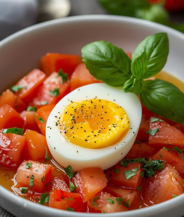 Soft-boiled egg with tomato salad (Low Carb)