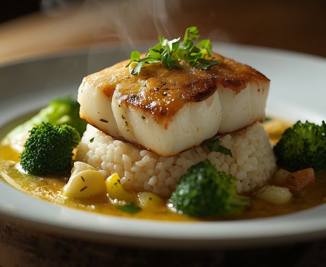 Cod stewed in leeks with broccoli and rice