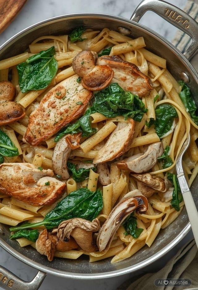 Pasta with chicken, chanterelles and spinach in cream sauce