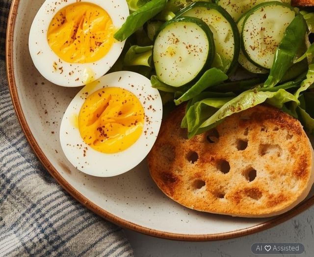 Soft-boiled egg with cucumber salad and crispbread (Low Carb)