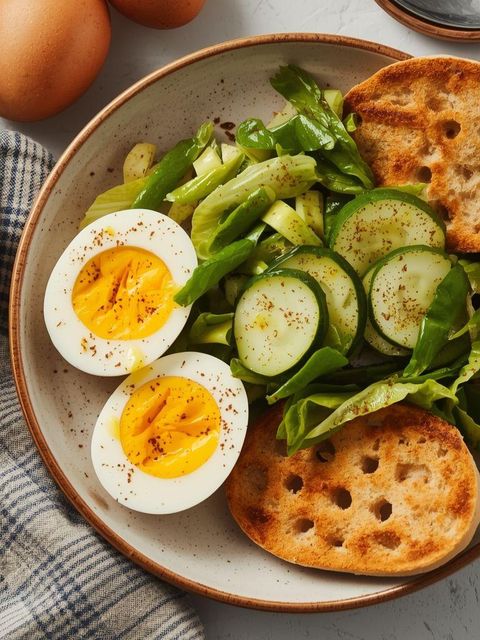 Soft-boiled egg with cucumber salad and crispbread (Low Carb)