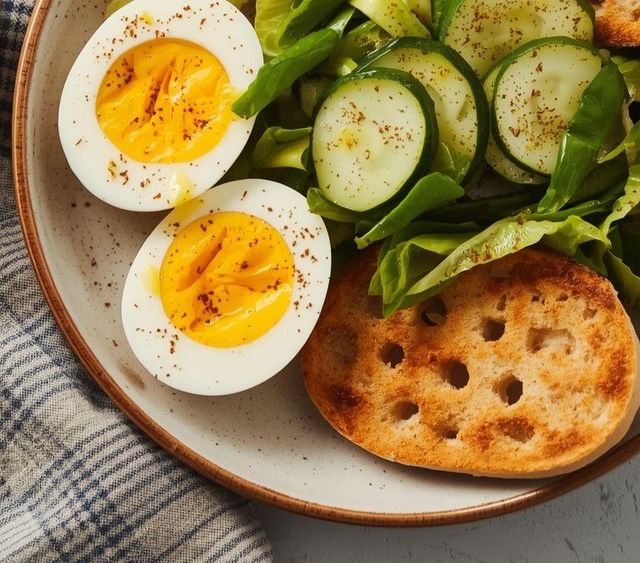 Jajko na miękko z sałatką ogórkową i chrupkim chlebem (Low Carb)