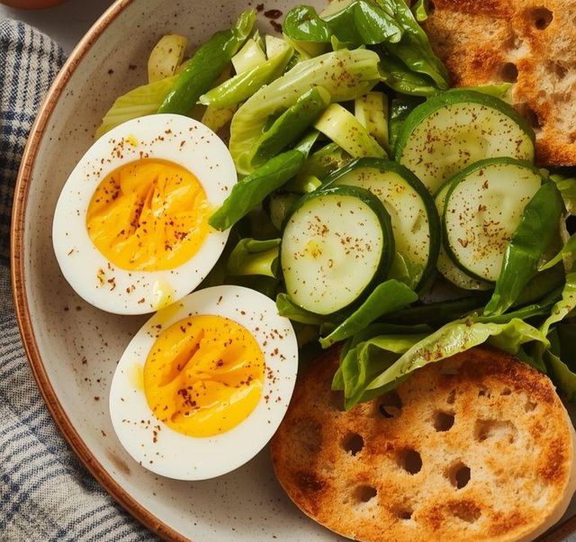 Soft-boiled egg with cucumber salad and crispbread (Low Carb)