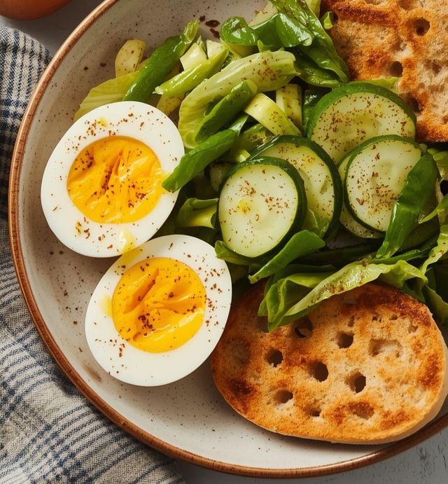 Jajko na miękko z sałatką ogórkową i chrupkim chlebem (Low Carb)