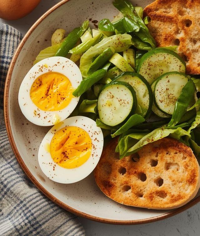 Soft-boiled egg with cucumber salad and crispbread (Low Carb)