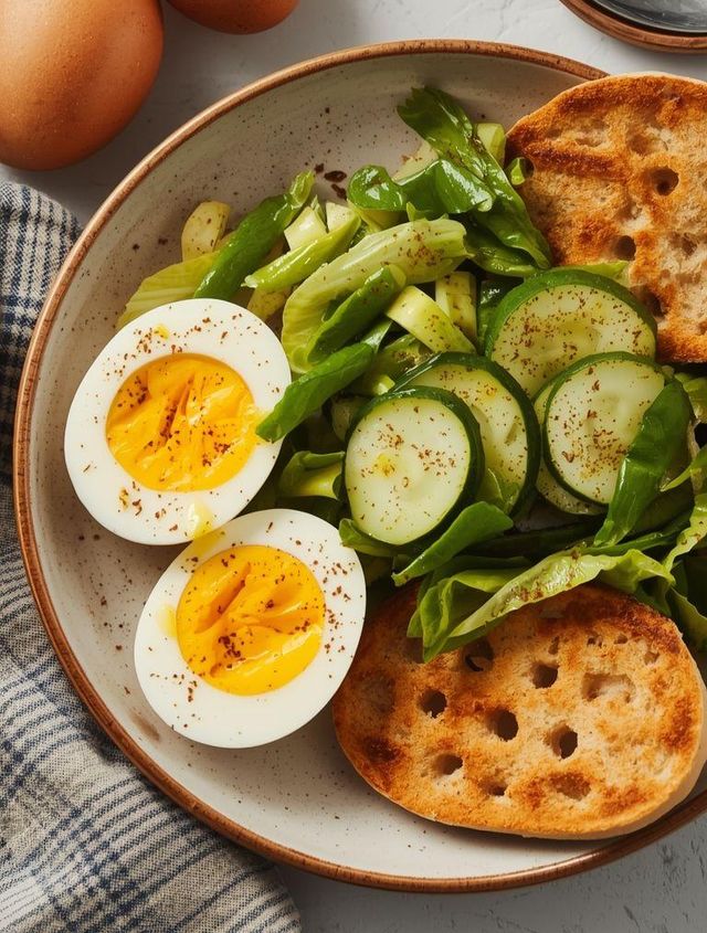 Soft-boiled egg with cucumber salad and crispbread (Low Carb)