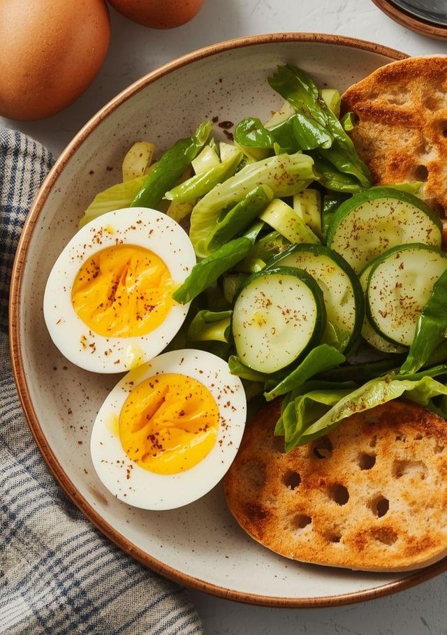 Jajko na miękko z sałatką ogórkową i chrupkim chlebem (Low Carb)
