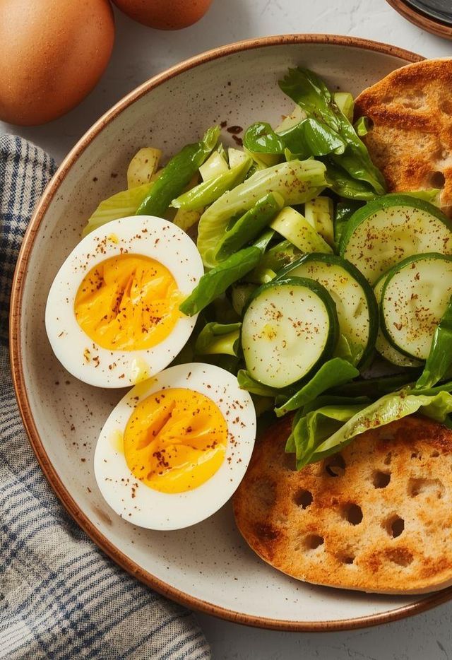 Weichgekochtes Ei mit Gurkensalat und Knäckebrot (Low Carb)