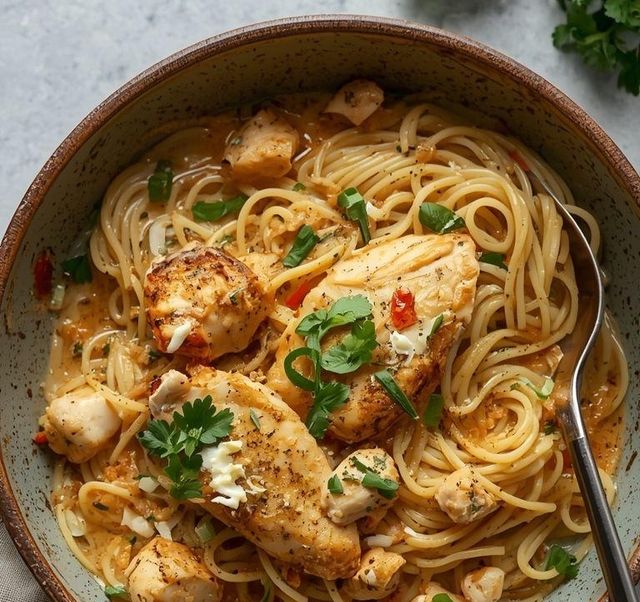 Kokos-Spaghetti mit Hähnchen