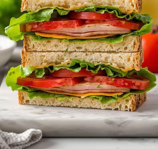Schwerere Truthahn-Schinken-Sandwiches mit Salat und Tomaten