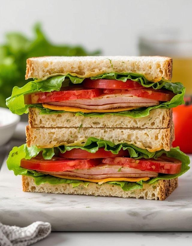 Schwerere Truthahn-Schinken-Sandwiches mit Salat und Tomaten