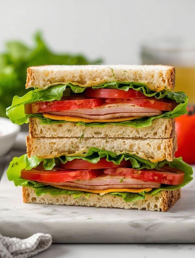 Schwerere Truthahn-Schinken-Sandwiches mit Salat und Tomaten