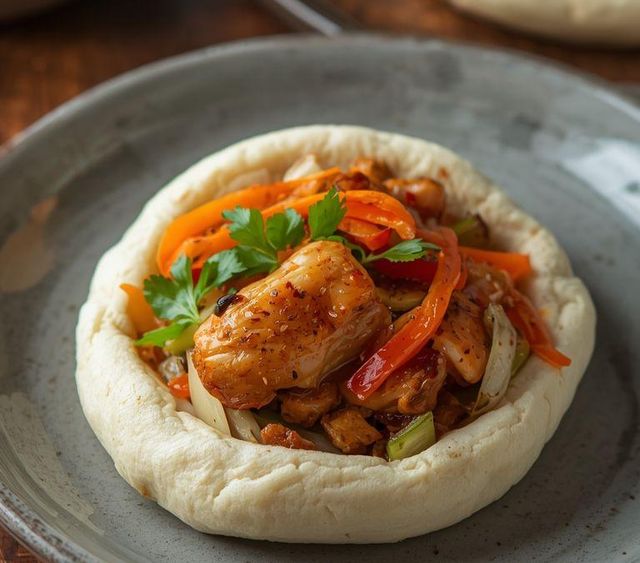 Steamed bun with vegetables and chicken