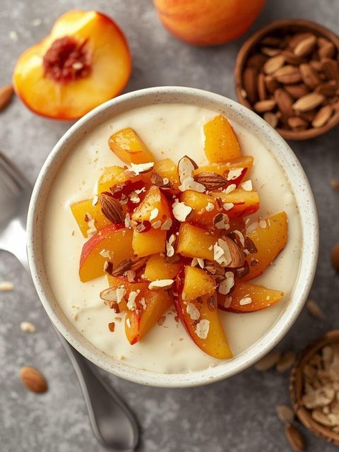 Creamy cream with morels, peaches and Müsli topping