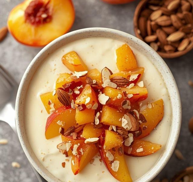 Creamy cream with morels, peaches and Müsli topping
