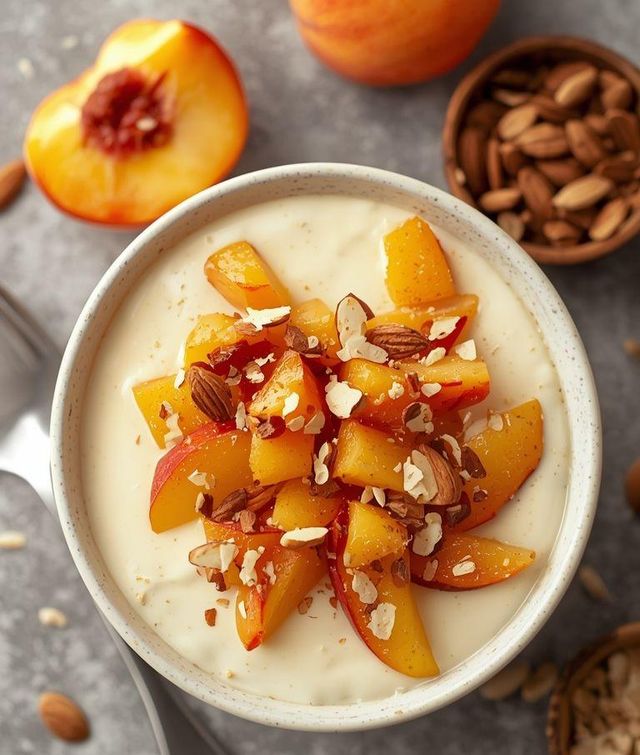 Creamy cream with morels, peaches and Müsli topping