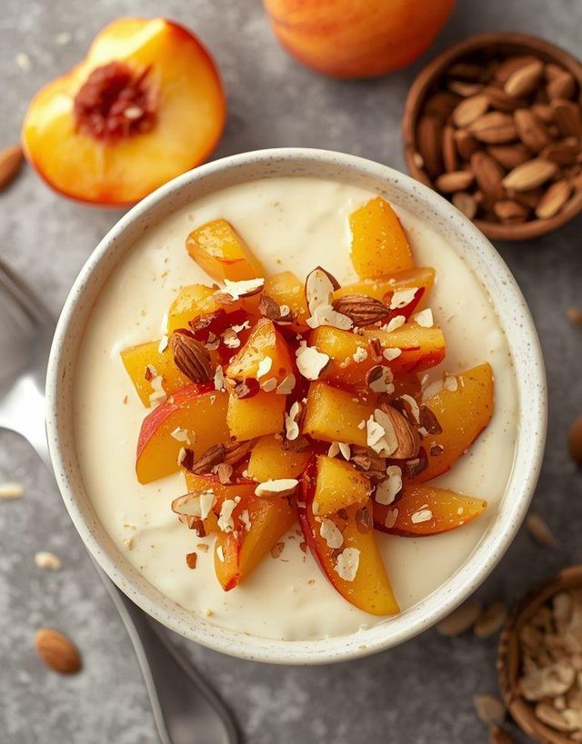 Creamy cream with morels, peaches and Müsli topping