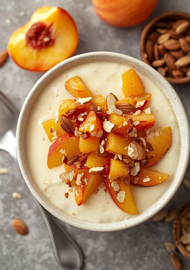 Creamy cream with morels, peaches and Müsli topping