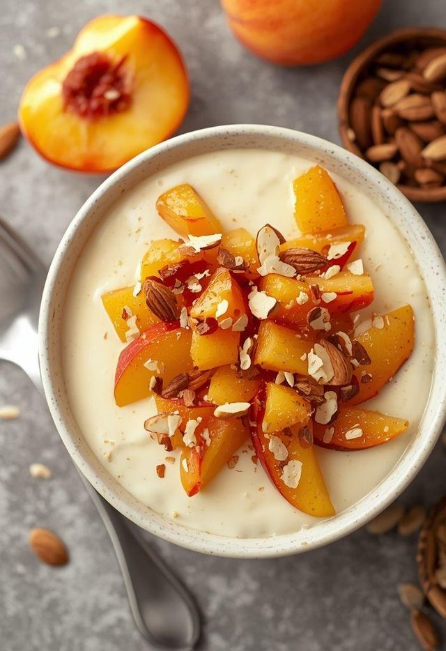Creamy cream with morels, peaches and Müsli topping