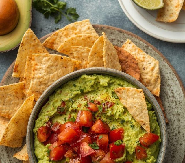 Guacamole z pomidorami i chipsami z tortilli