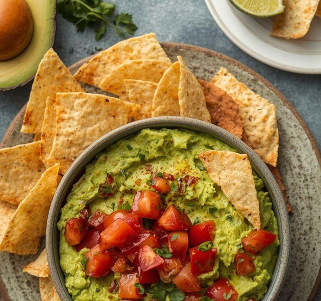 Guacamole with Tomatoes and Tortilla Chips