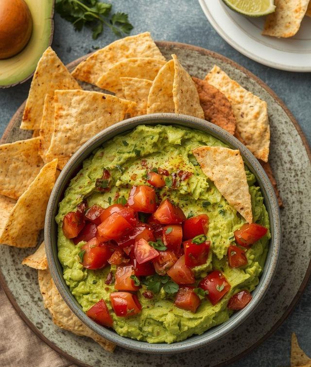 Guacamole z pomidorami i chipsami z tortilli