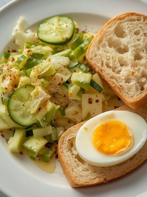 Soft-boiled egg with bread and salad