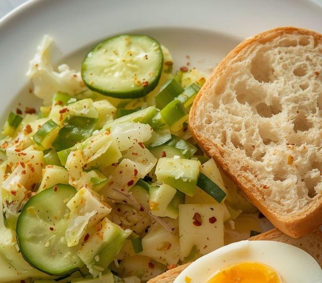 Soft-boiled egg with bread and salad