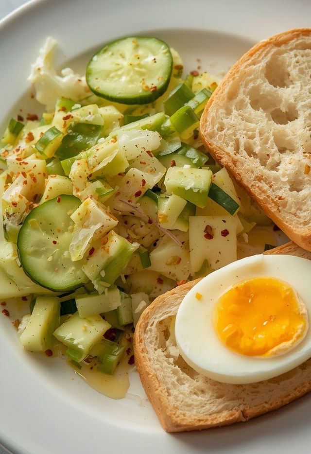 Soft-boiled egg with bread and salad
