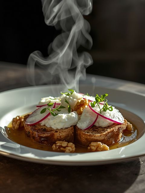 Cottage cheese with radish, bread and walnuts