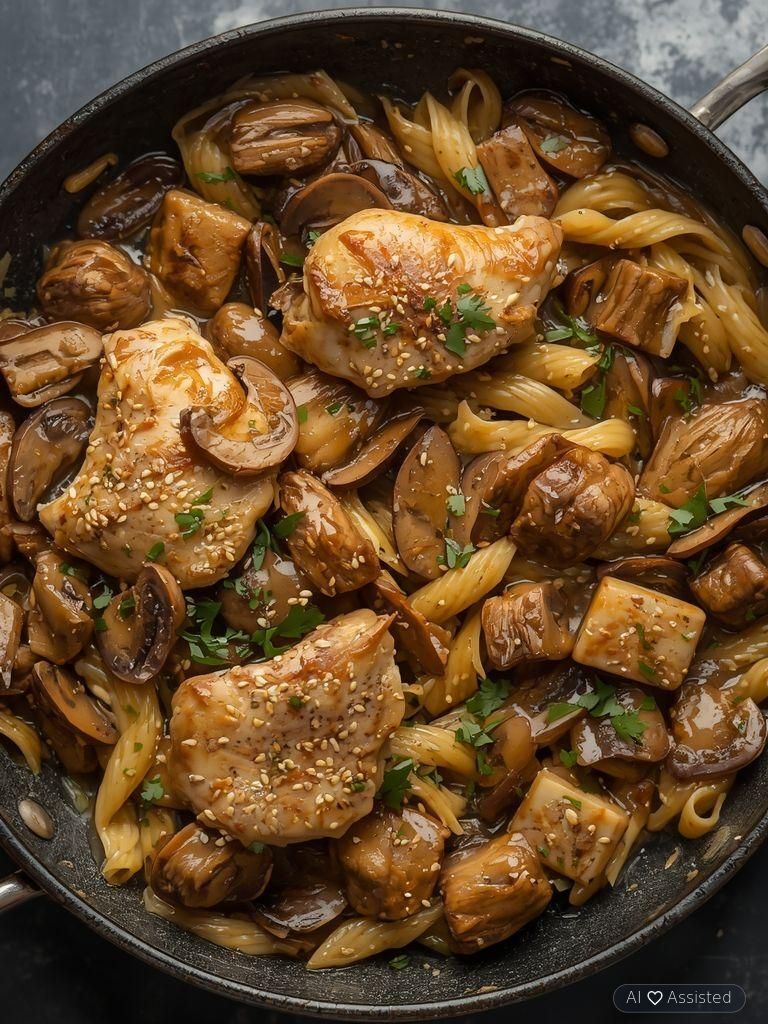 Turkey breast with pasta in mushroom sauce