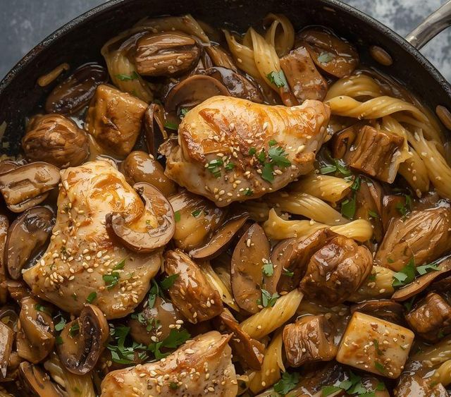 Turkey breast with pasta in mushroom sauce