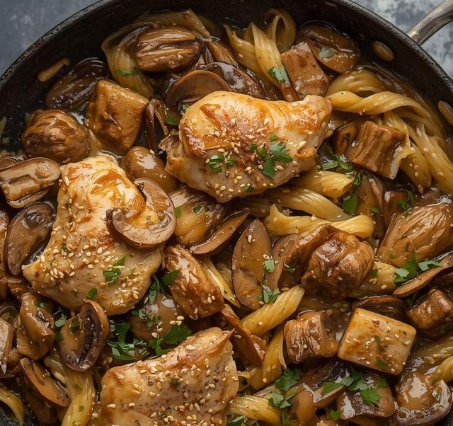 Turkey breast with pasta in mushroom sauce