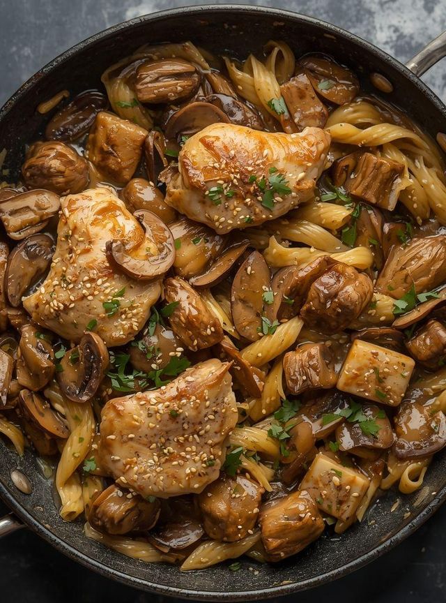 Turkey breast with pasta in mushroom sauce