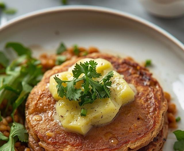 Buckwheat pancakes with red lentils and kohlrabi