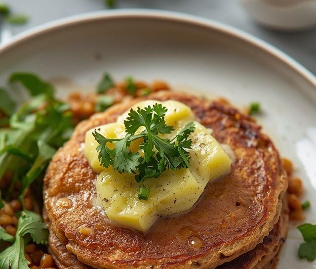 Buchweizenpfannkuchen mit roten Linsen und Kohlrabi