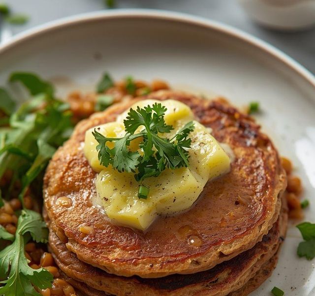 Buchweizenpfannkuchen mit roten Linsen und Kohlrabi