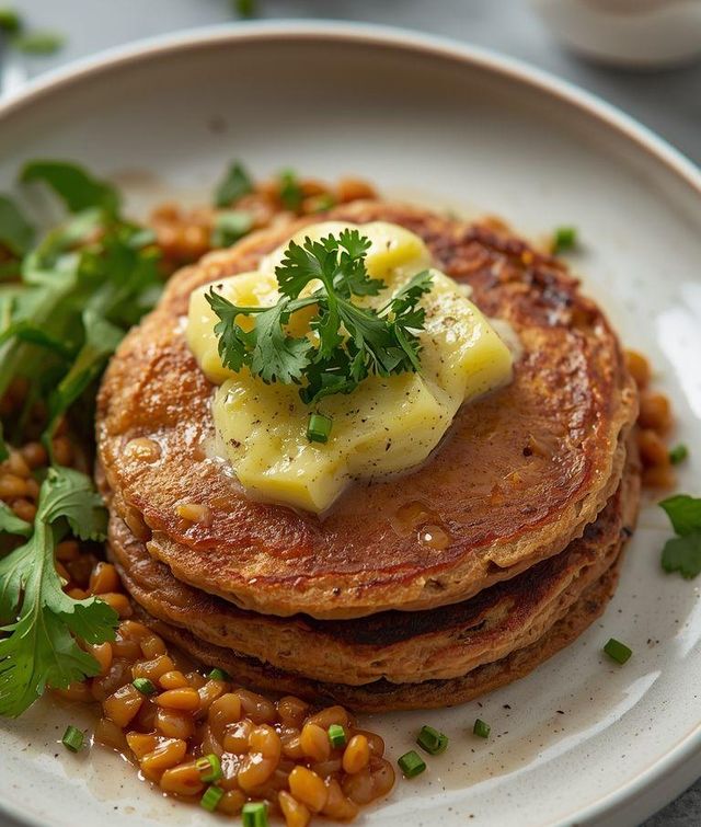 Buckwheat pancakes with red lentils and kohlrabi