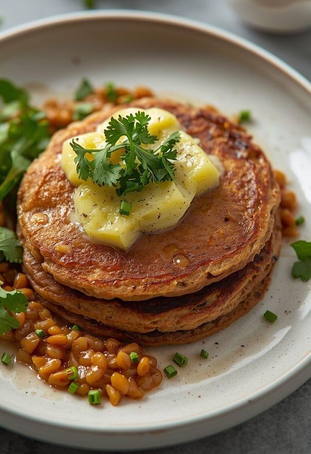 Buckwheat pancakes with red lentils and kohlrabi