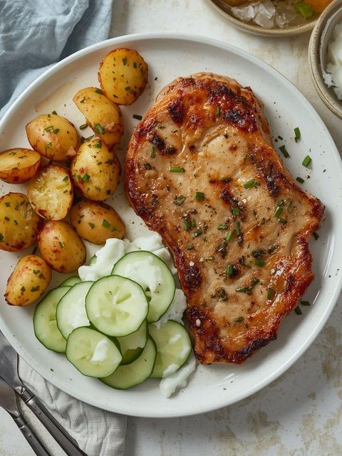 Pork chop with potatoes and cucumber salad