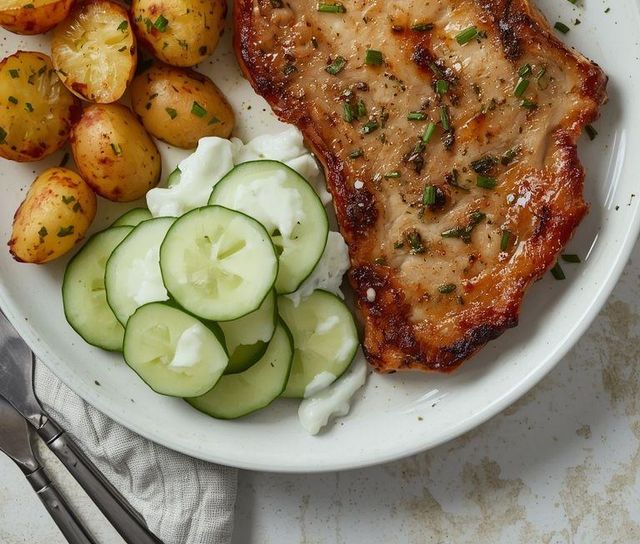 Kotlet schabowy z ziemniakami i mizerią