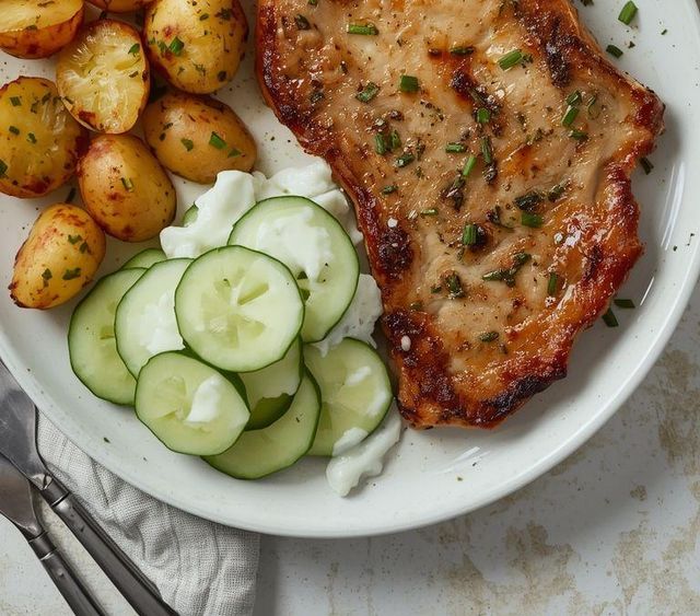 Schweinekotelett mit Kartoffeln und Gurkensalat