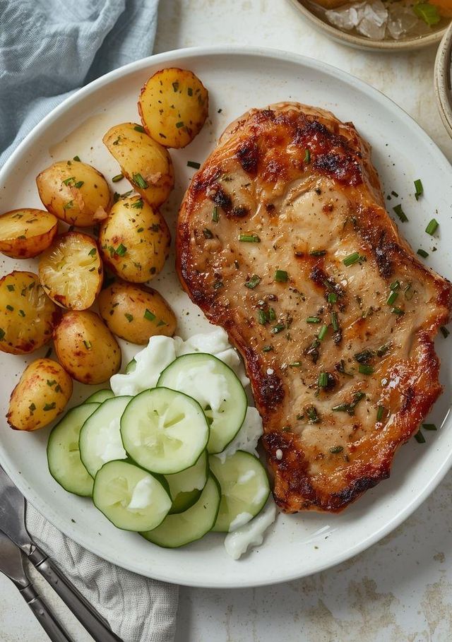 Kotlet schabowy z ziemniakami i mizerią