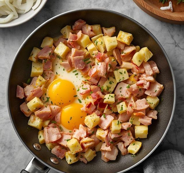 Rührei mit Schinken und Zwiebeln