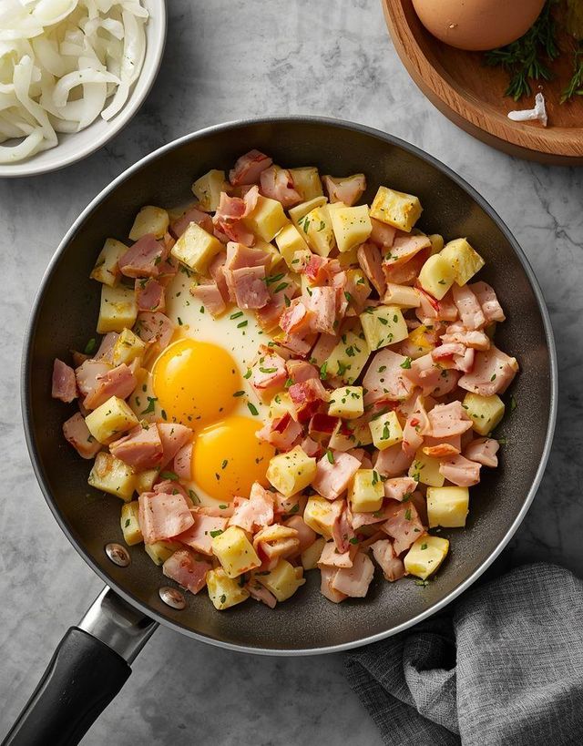 Rührei mit Schinken und Zwiebeln