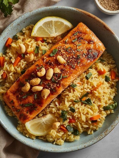 Salmon with curry rice and salad